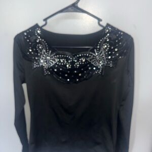 Black Long-Sleeve Embellished Scoop Neck Top